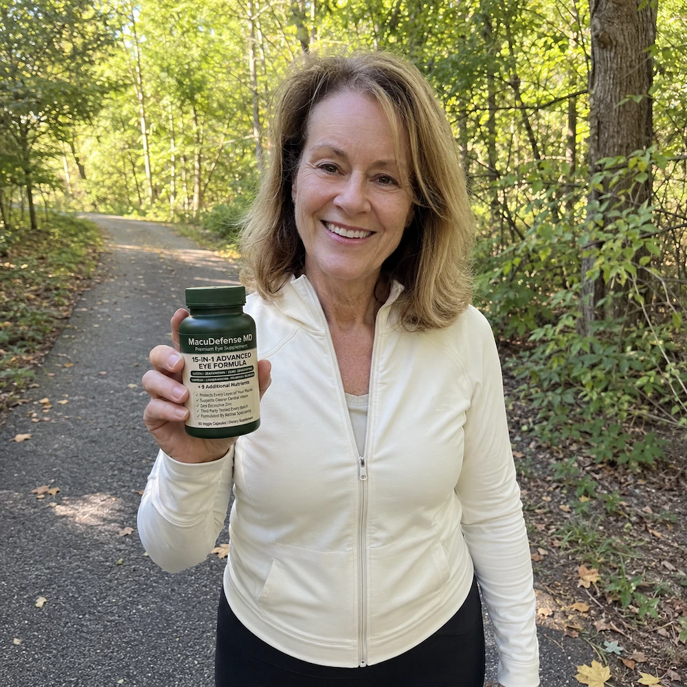 A smiling woman in a white jacket holds up a bottle of MacuDefense MD on a wooded path.