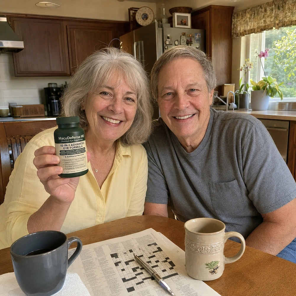 A smiling couple sits at a kitchen table; the woman holds a bottle of MacuDefense MD supplements.