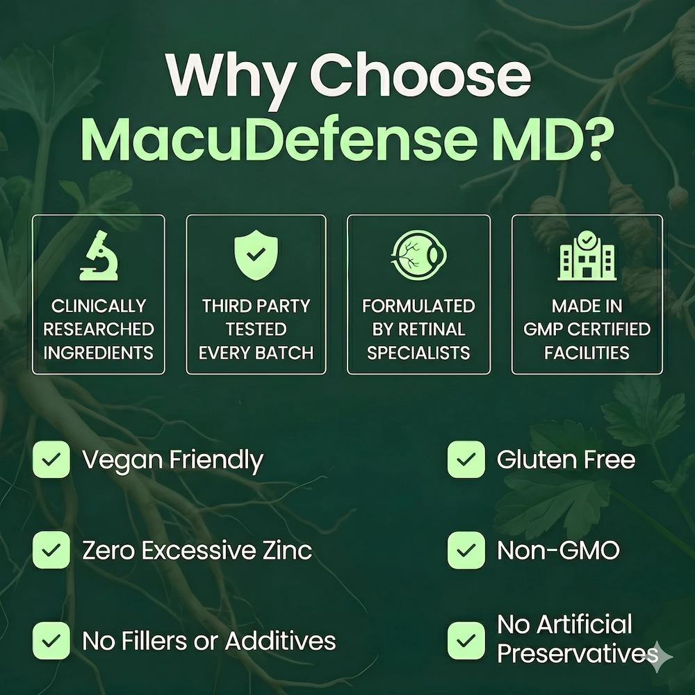 A promotional graphic for MacuDefense MD listing its features, such as being clinically researched and vegan friendly.