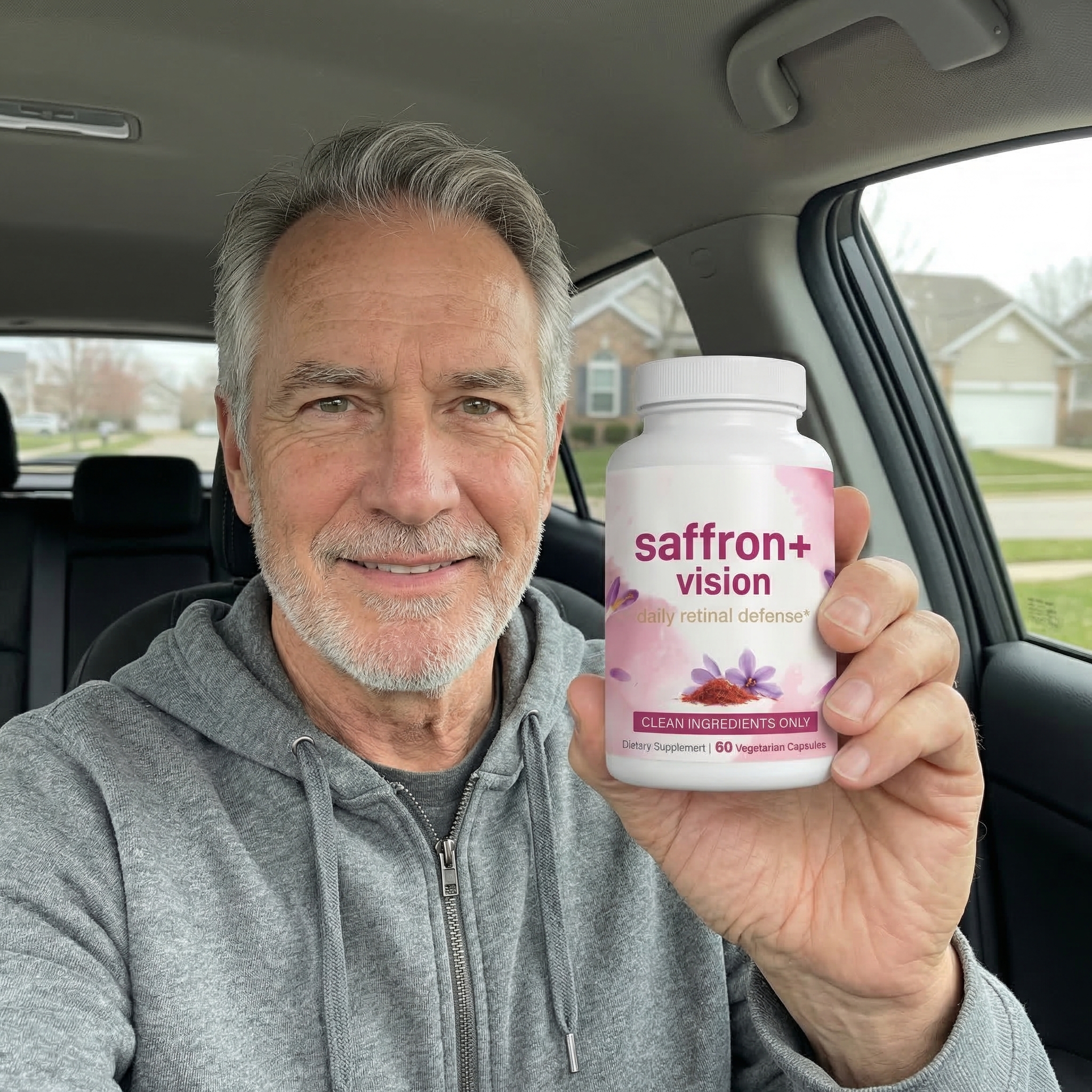 A smiling man in a car holds up a white bottle of Saffron+ Vision daily retinal defense supplements.
