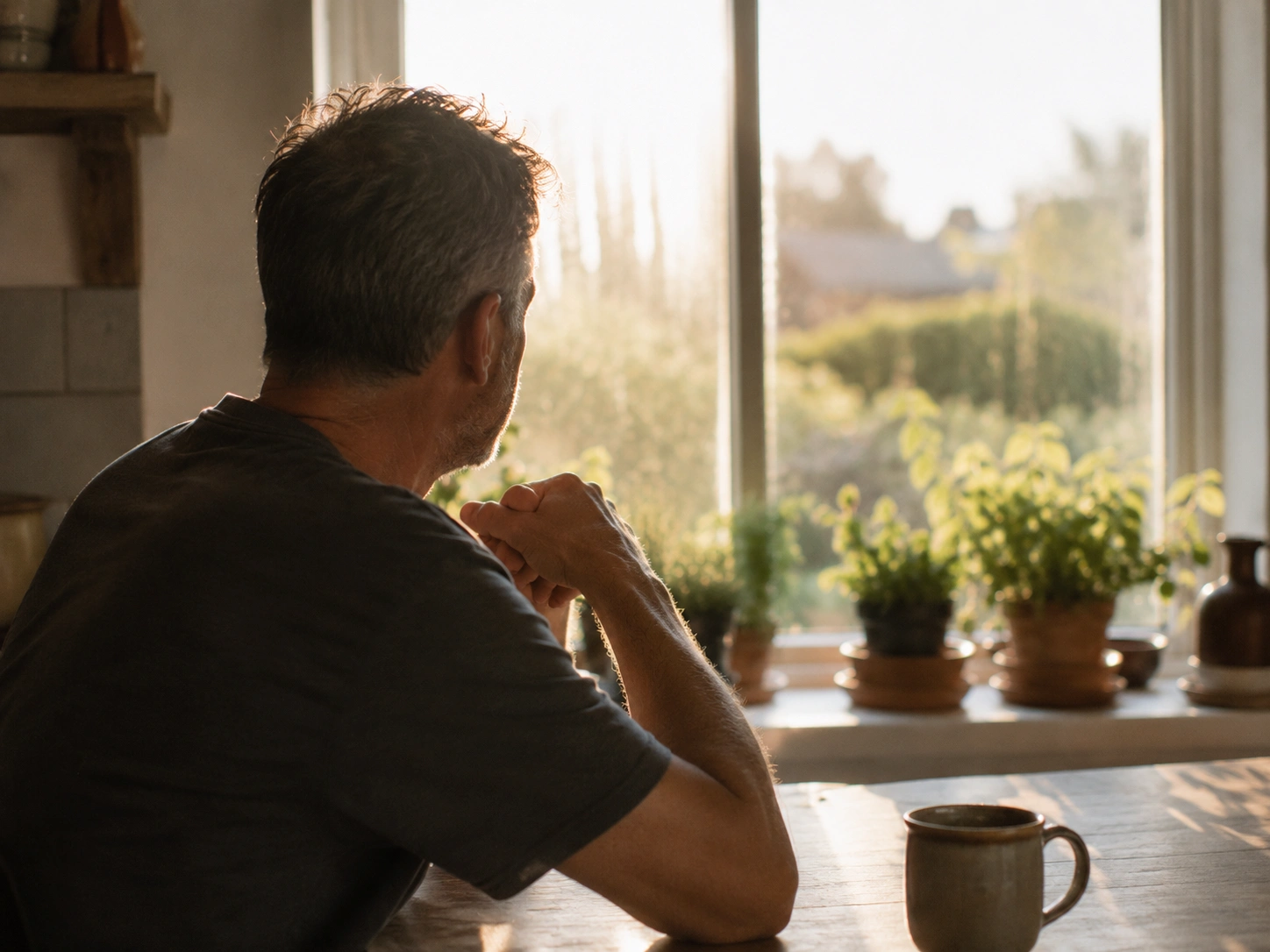 A man seen from behind sits at a table with a mug, looking out a sunlit window.