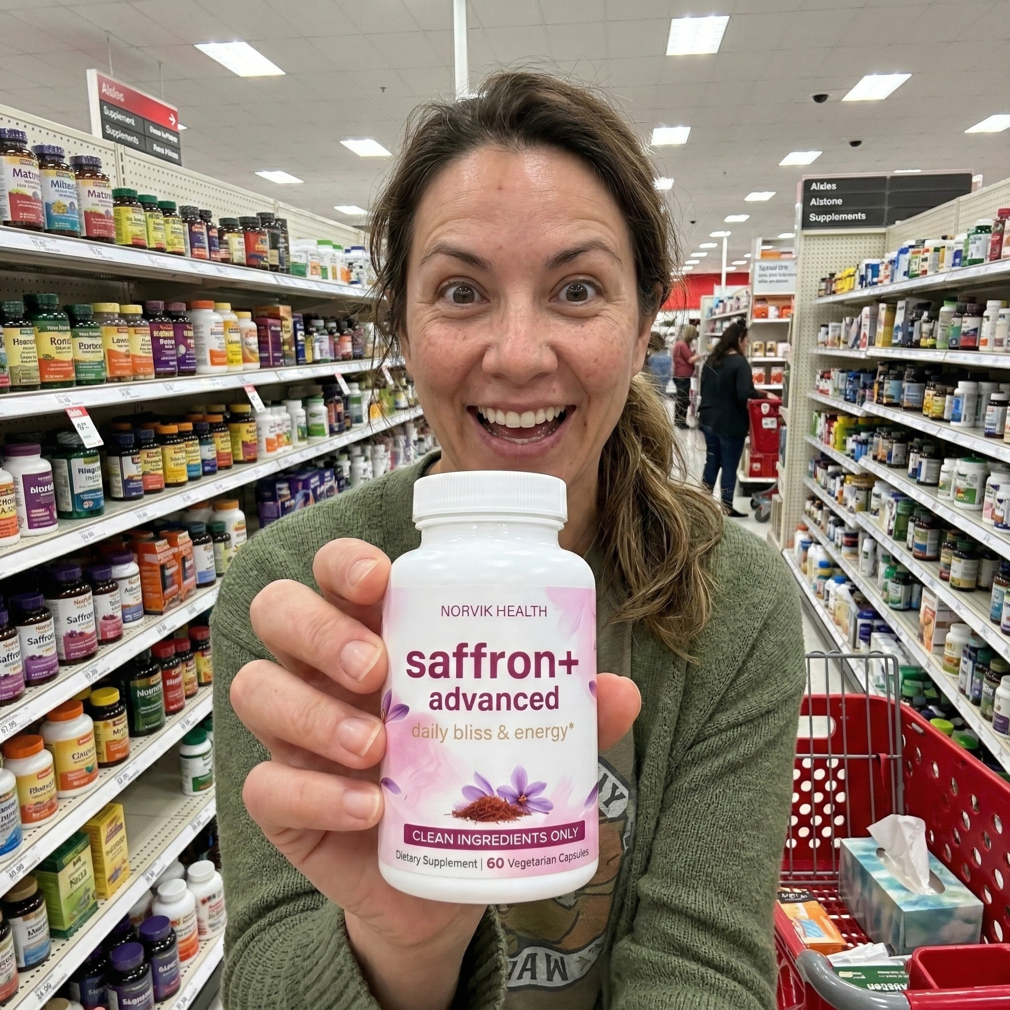 A smiling woman holds a bottle of saffron supplements in a store's vitamin and supplement aisle.
