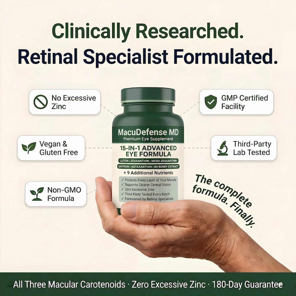 An advertisement for MacuDefense MD eye supplement, showing the bottle and callouts for its key features.