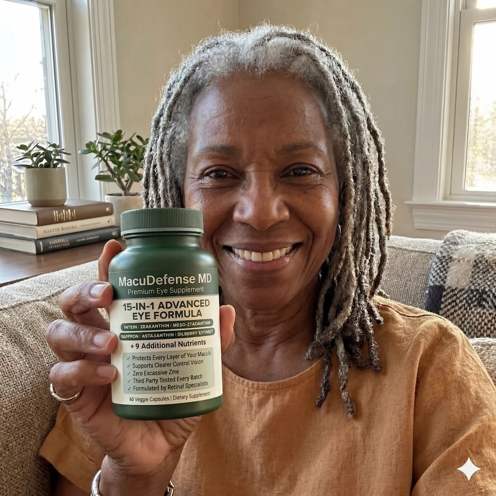 A smiling woman with grey locs holds up a bottle of MacuDefense MD eye supplements.