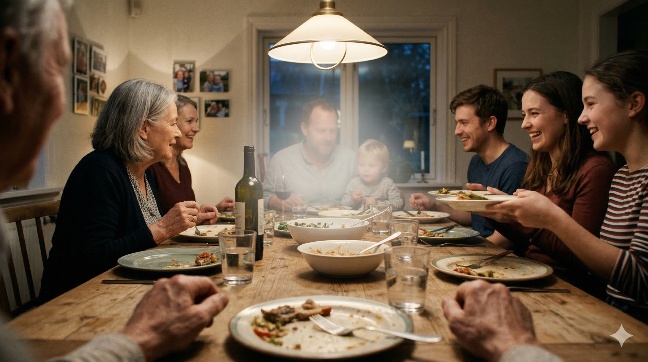 A multi-generational family smiling and eating dinner together around a long wooden table.