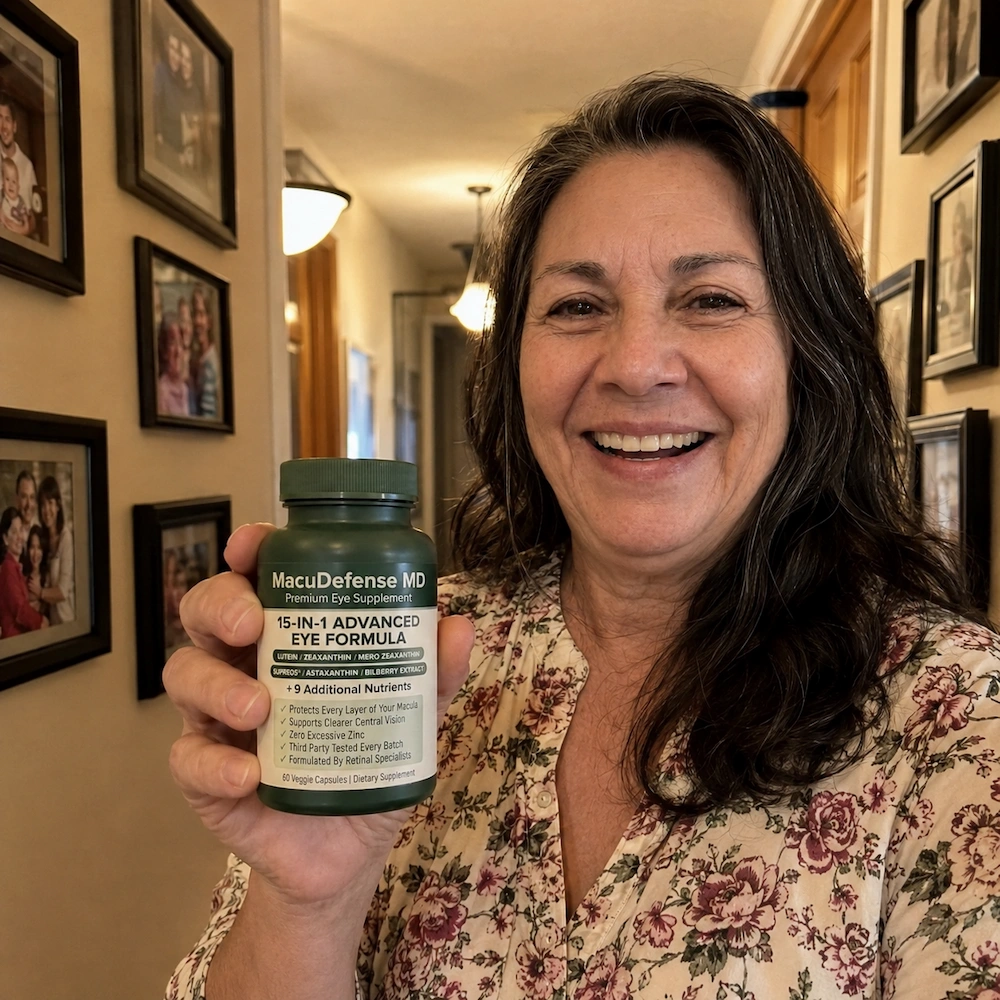 A smiling woman holds up a green bottle of MacuDefense MD eye formula in a hallway.