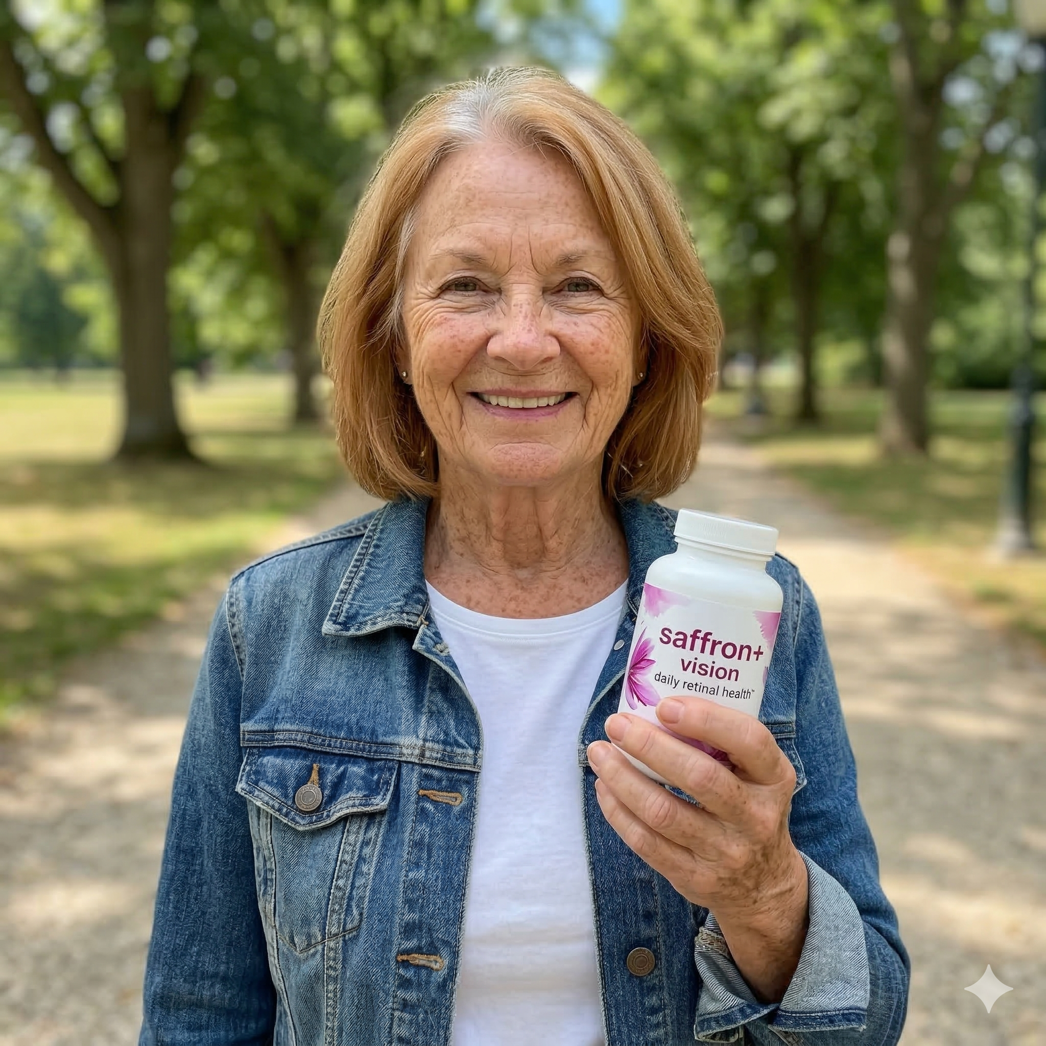 A smiling older woman in a denim jacket holds a bottle of saffron+ vision supplements outdoors.