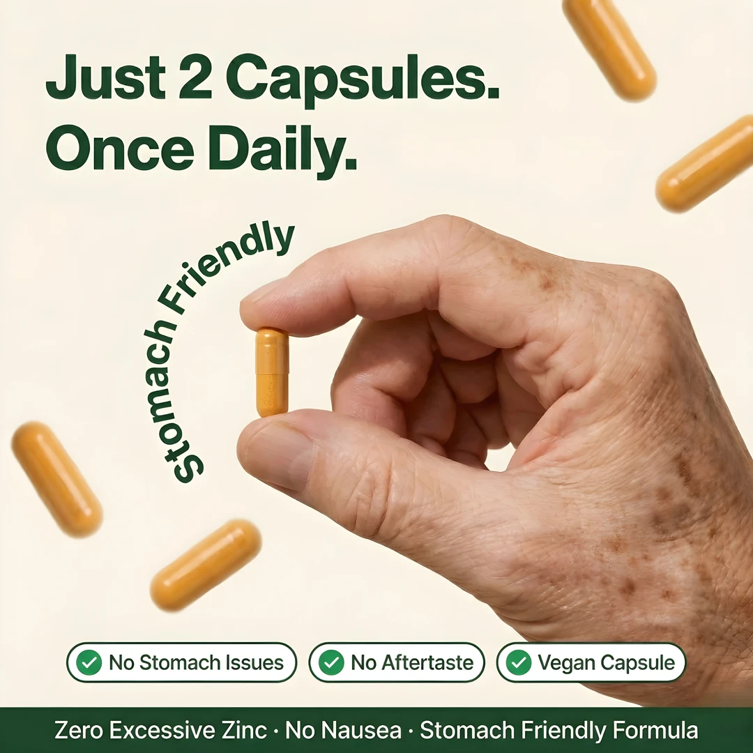 A hand holds a single orange capsule, with text advertising the supplement's benefits.