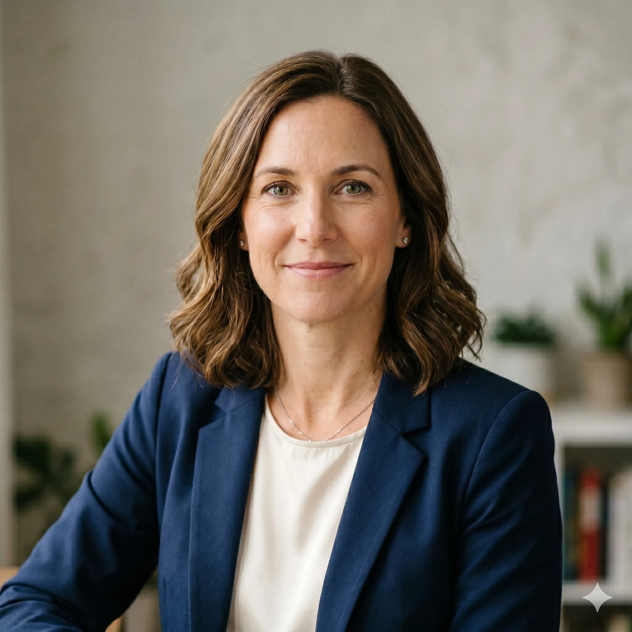 A smiling woman with brown, shoulder-length hair wearing a dark blue blazer and a light-colored top.