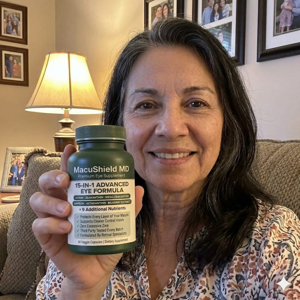 A smiling woman holds up a bottle of MacuShield MD eye supplement in her living room.