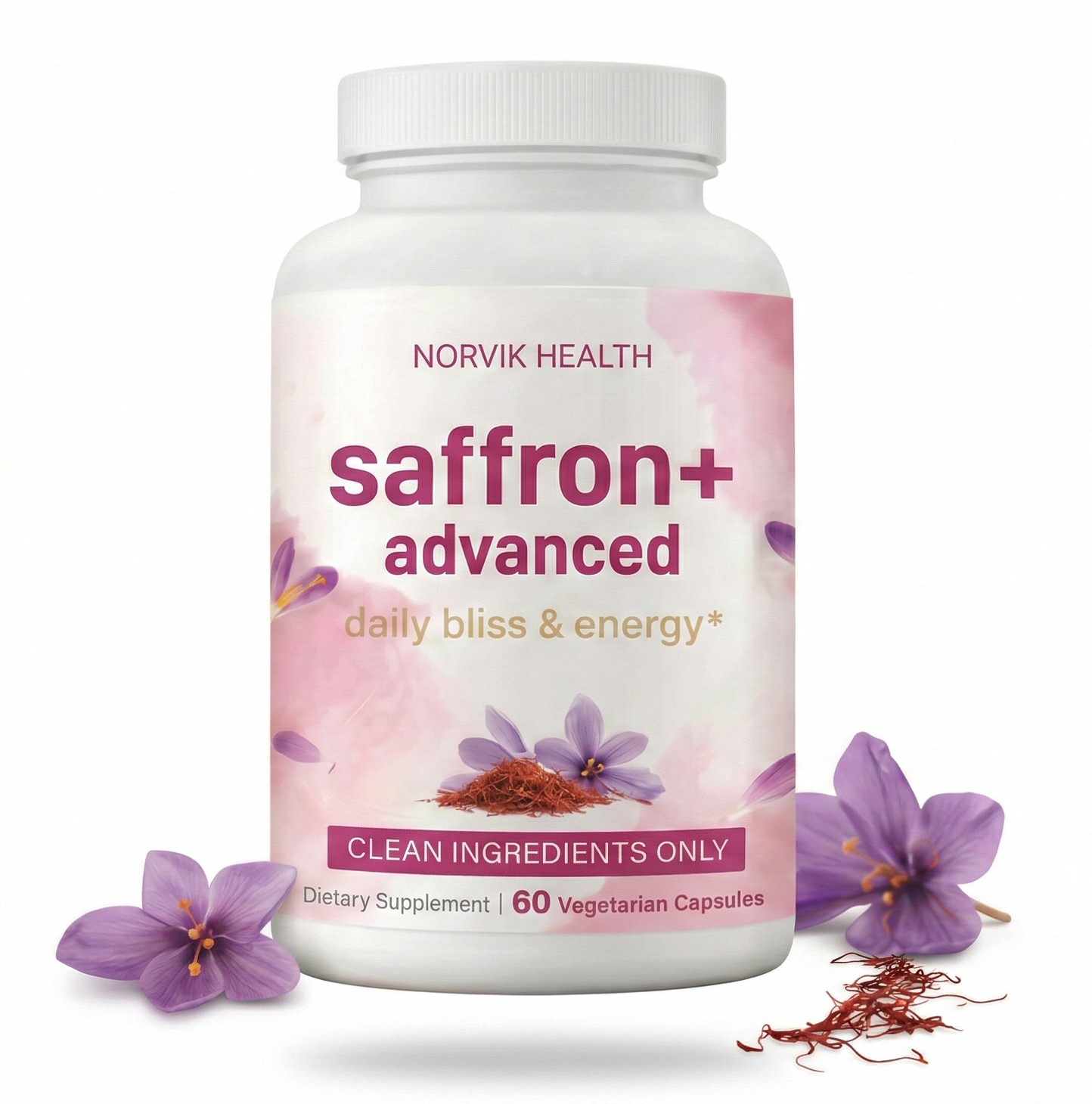 A white bottle of Norvik Health Saffron+ Advanced supplement surrounded by purple saffron flowers and red saffron threads.
