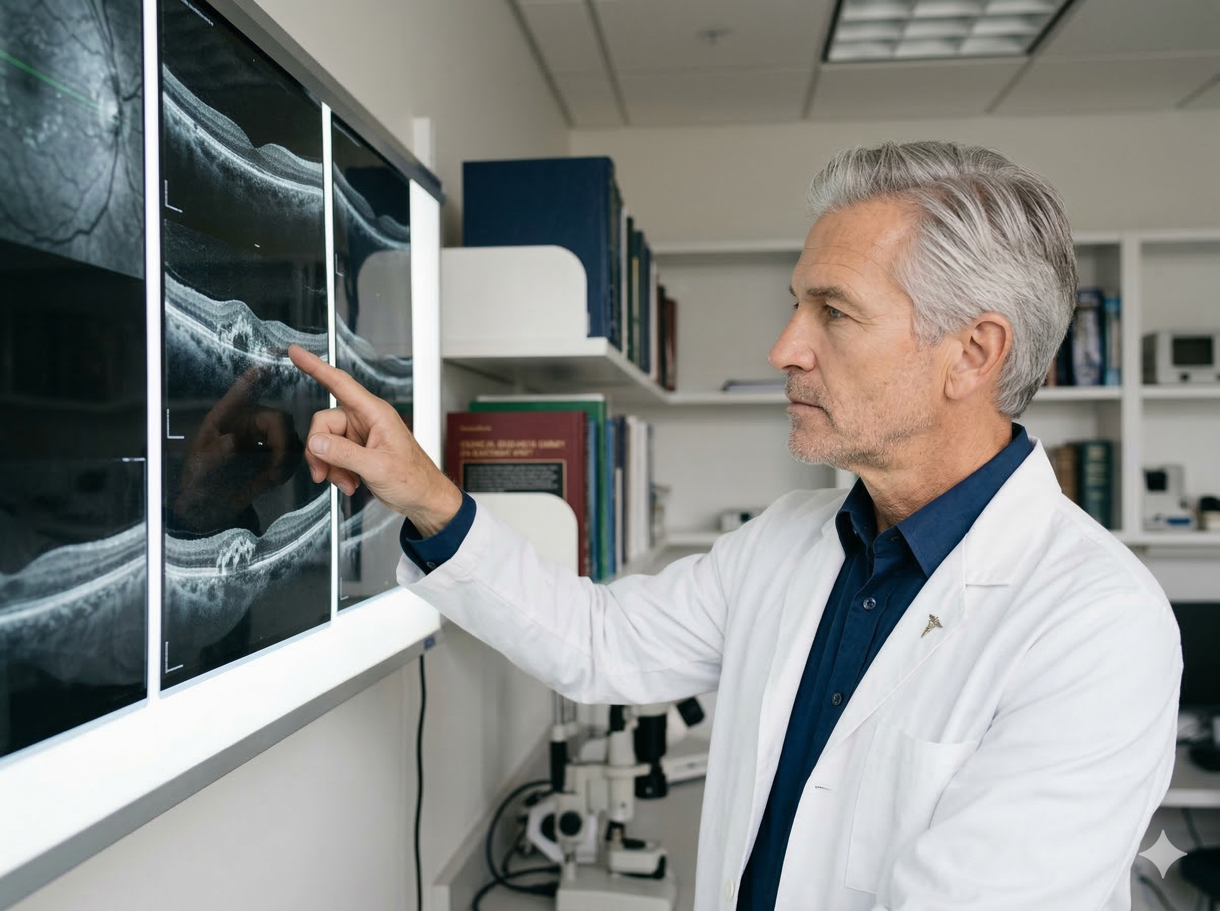A doctor in a white lab coat points at medical scans of an eye on a screen.