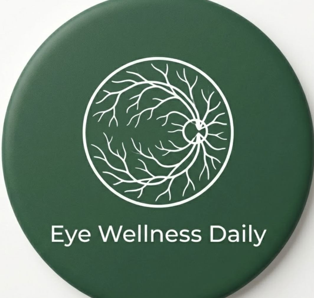 Logo for Eye Wellness Daily, featuring a white line drawing of a retina on a green circle.
