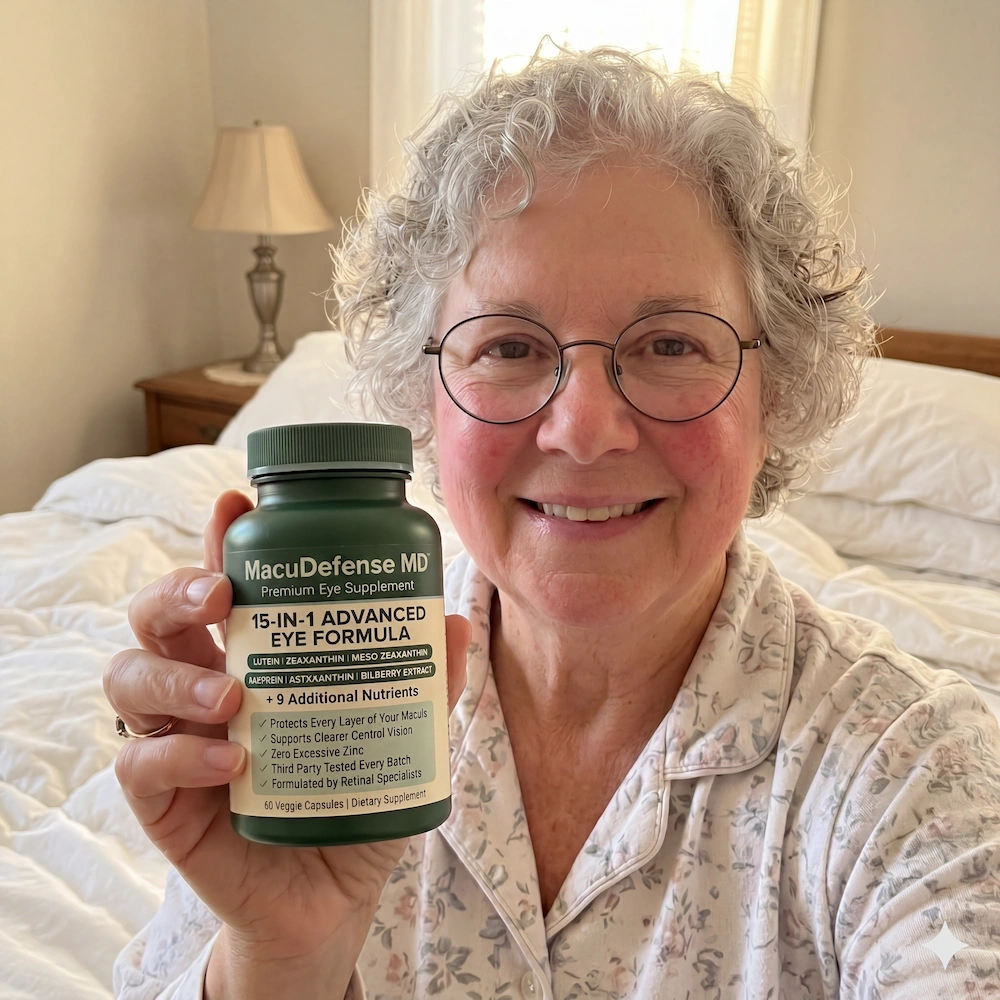 A smiling woman in pajamas holds up a bottle of MacuDefense MD eye supplement while sitting on a bed.