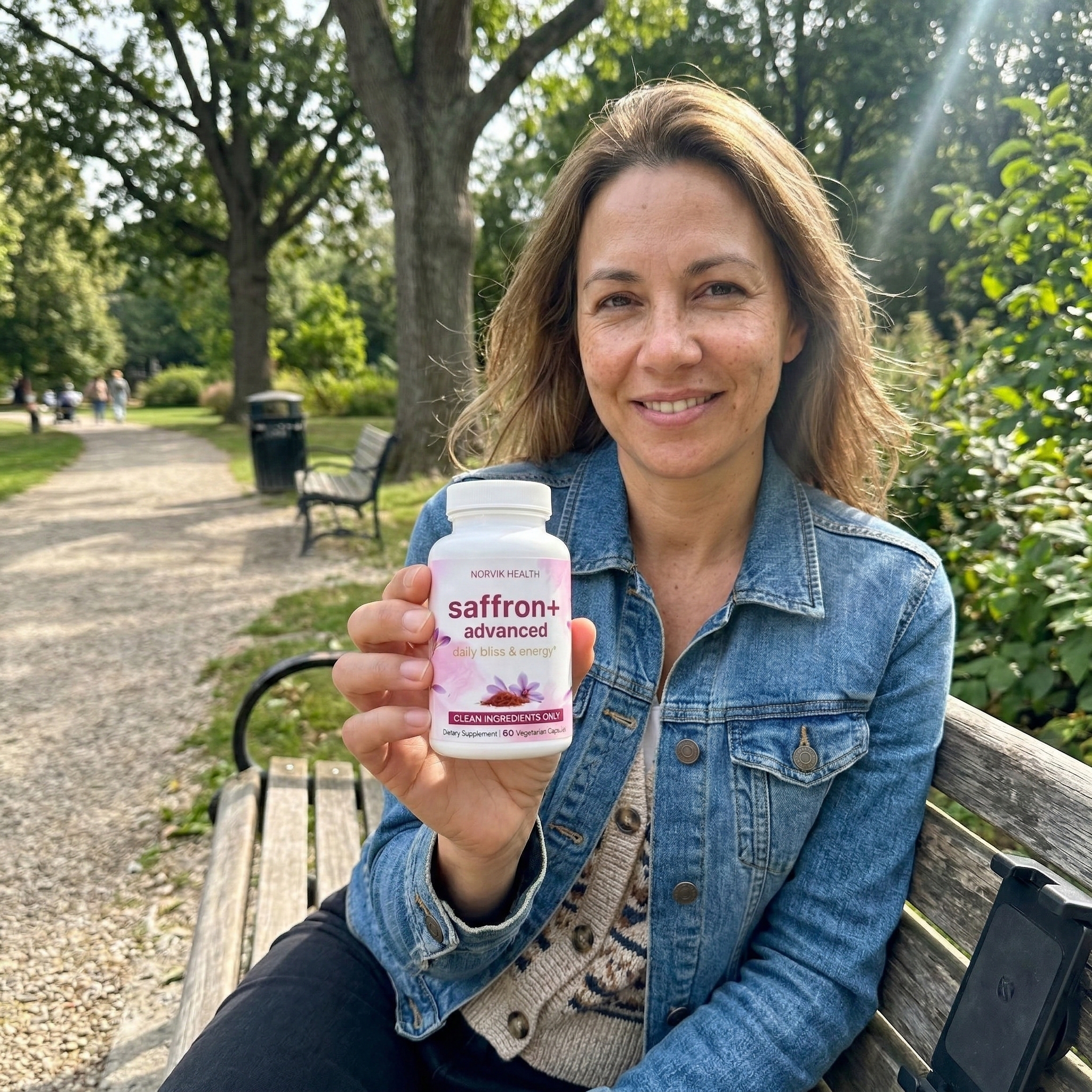 A smiling woman sits on a park bench holding a bottle of Saffron+ Advanced supplements.