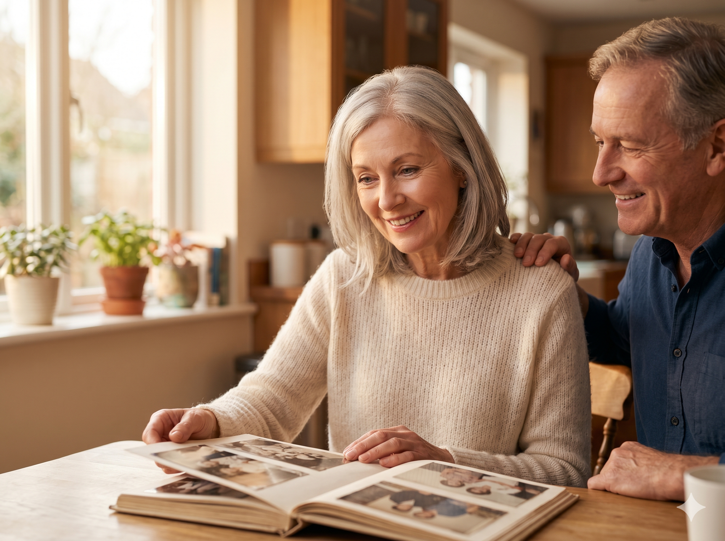 A smiling older couple looks at a photo album together while sitting at a kitchen table.