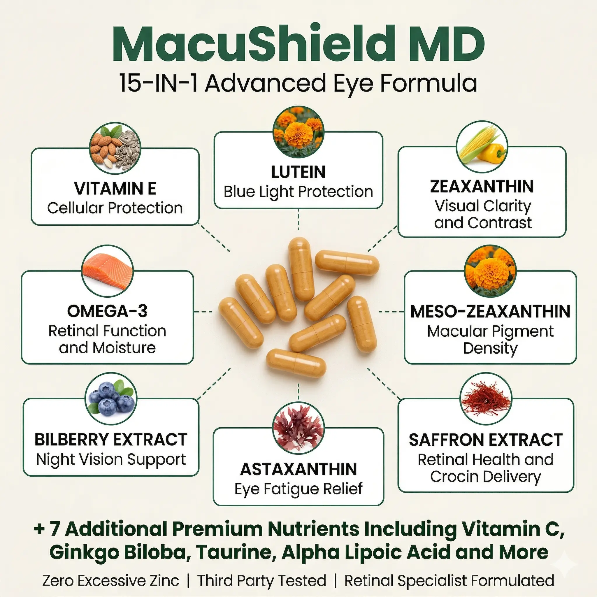 Infographic for MacuShield MD eye formula, showing capsules and listing key ingredients and their benefits.