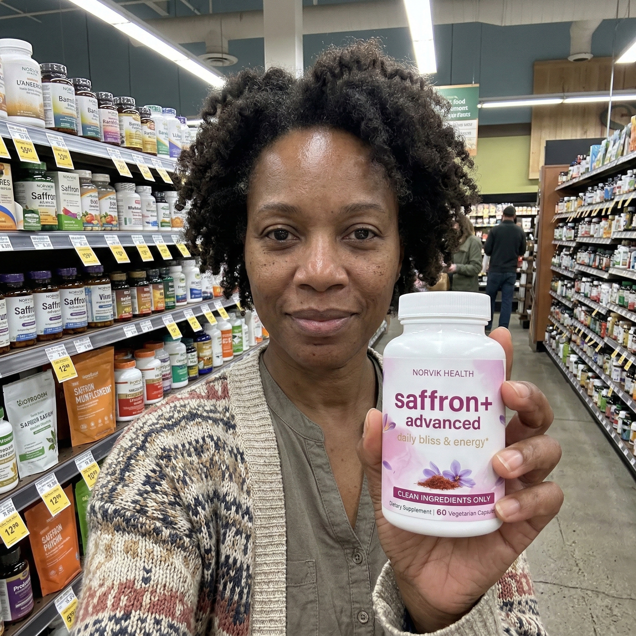 A woman holds a bottle of Saffron+ Advanced supplements while standing in a store's vitamin aisle.