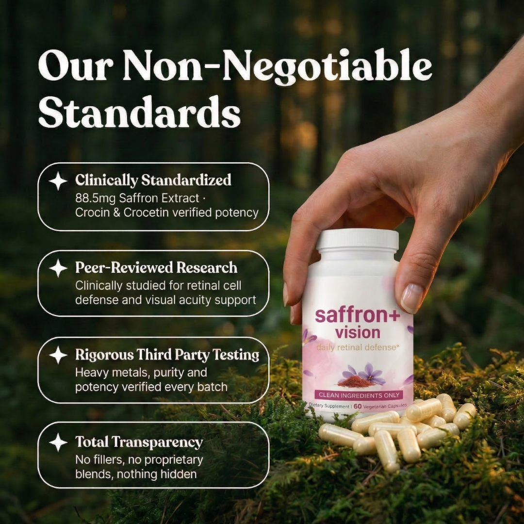 A hand holds a bottle of saffron+ vision supplements over a mossy surface next to a list of standards.