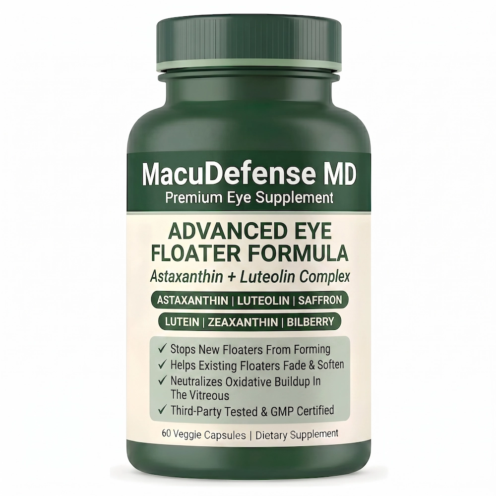 A bottle of MacuDefense MD Premium Eye Supplement, an advanced eye floater formula containing 60 veggie capsules.