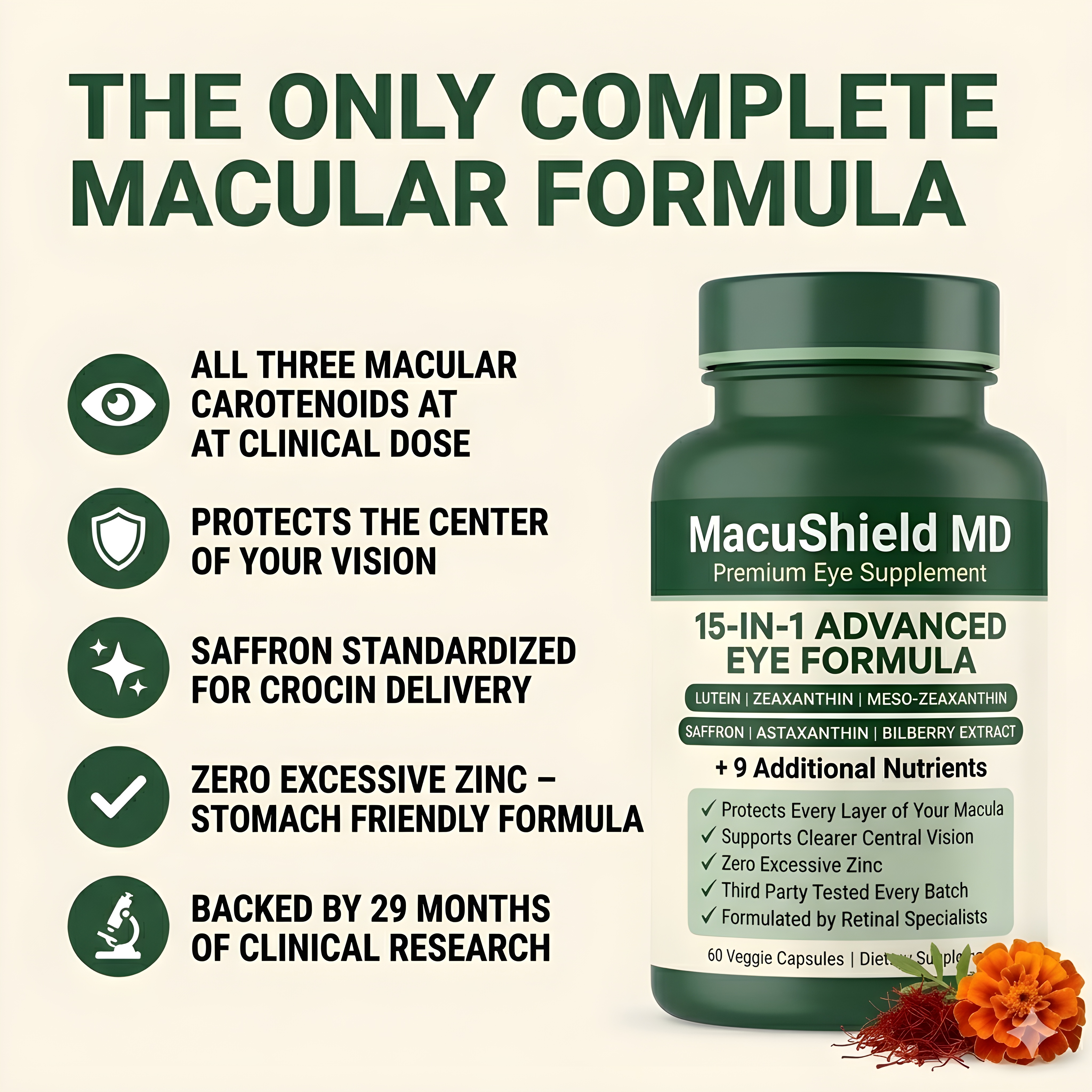 A bottle of MacuShield MD eye supplement with a list of benefits and images of its ingredients.