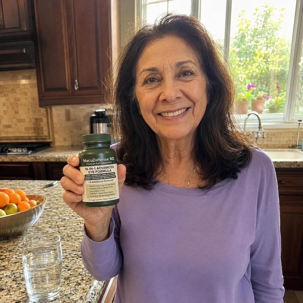 A smiling woman in a kitchen holds up a bottle of MacuDefense MD eye formula supplements.