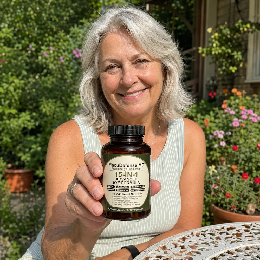 A smiling woman with grey hair sits outdoors holding a bottle of MacuDefense MD eye formula.