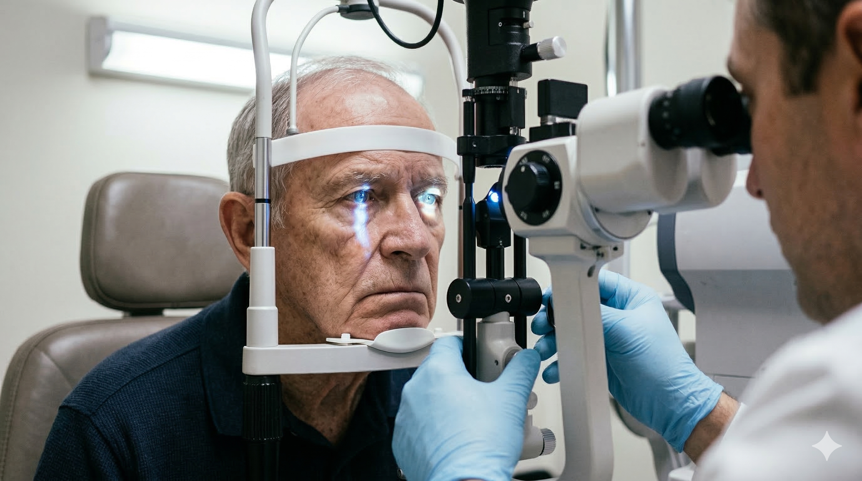 An older man receives an eye exam from a doctor using a slit lamp machine.