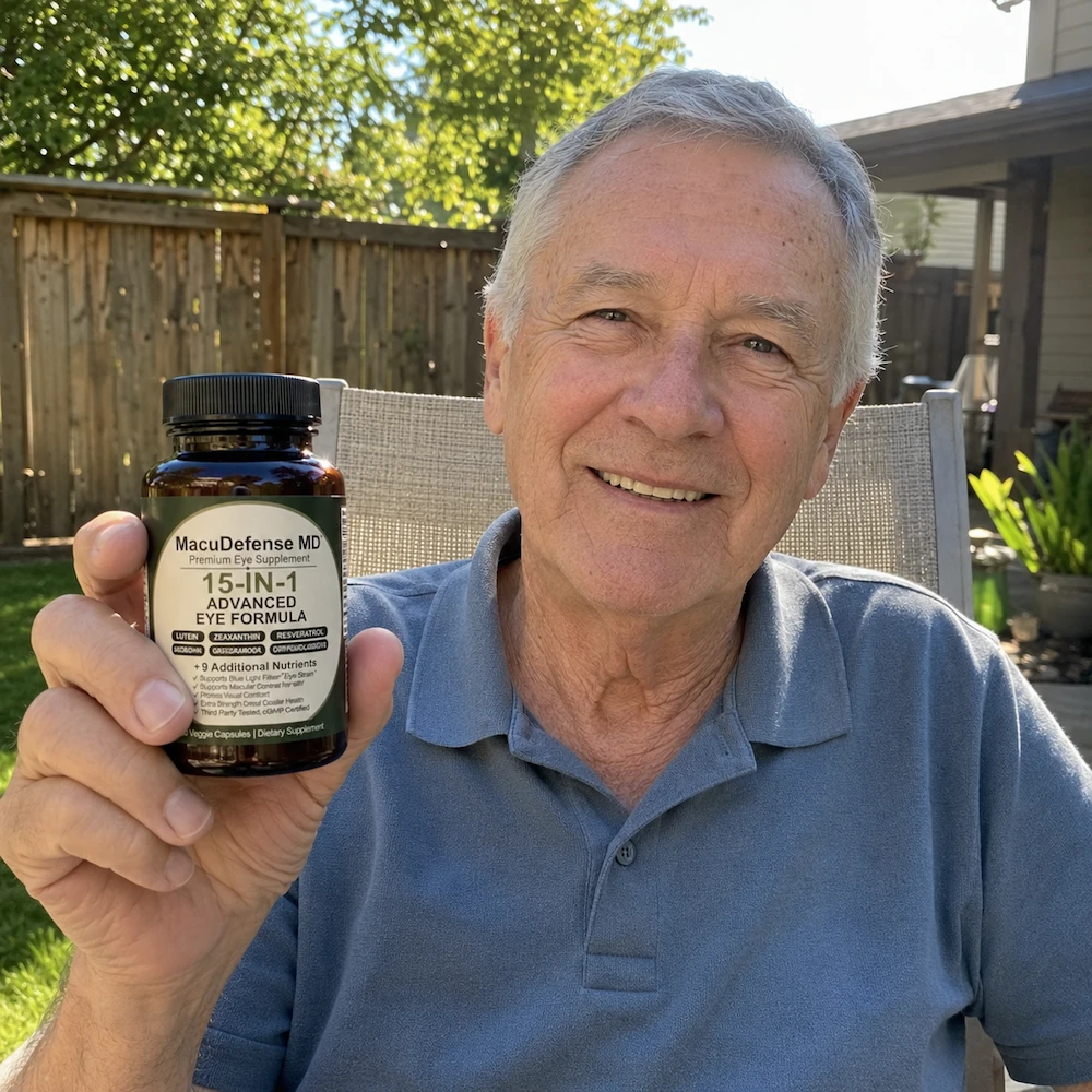 A smiling older man sits outside holding a bottle of MacuDefense MD eye supplements.