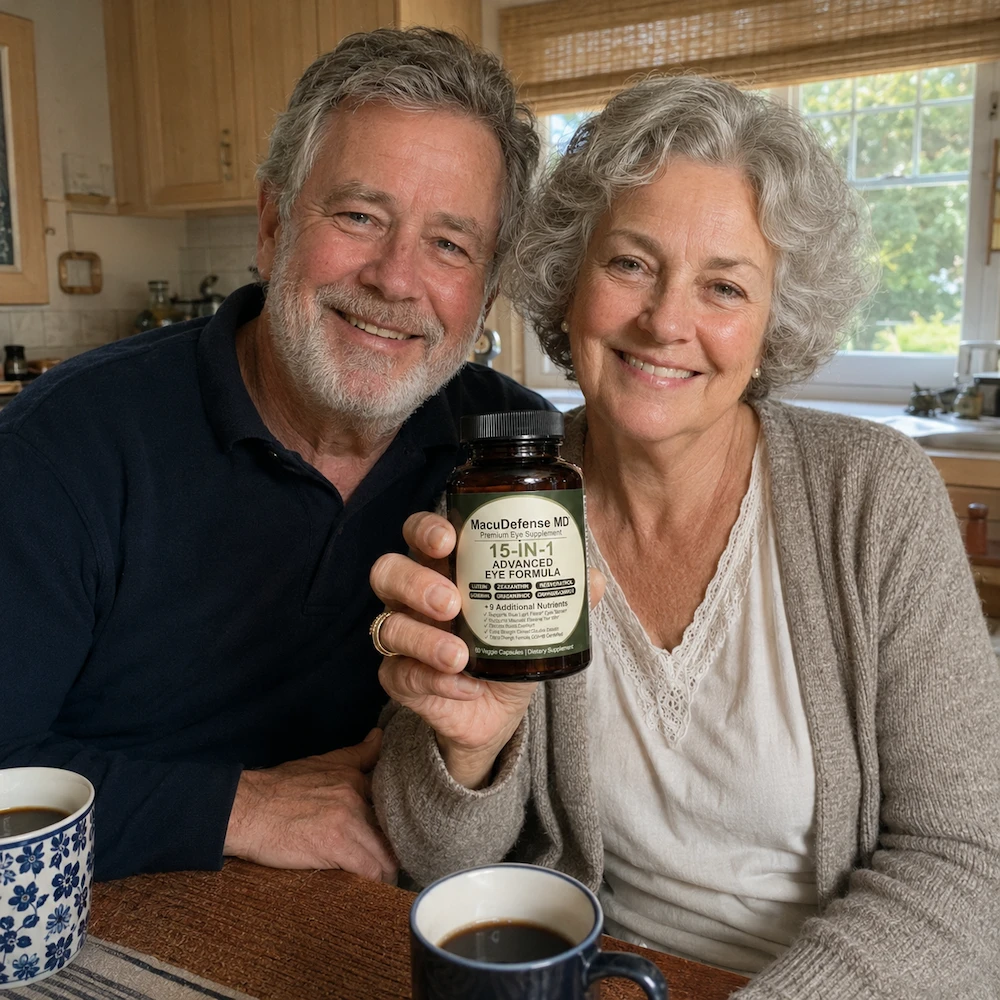 A smiling older couple sits at a table holding a bottle of MacuDefense MD eye supplements.
