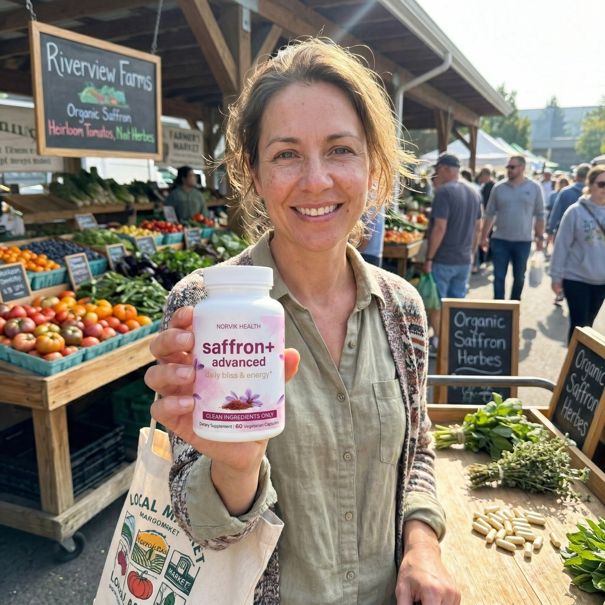 A smiling woman holds a bottle of saffron supplements while standing at an outdoor farmers' market.