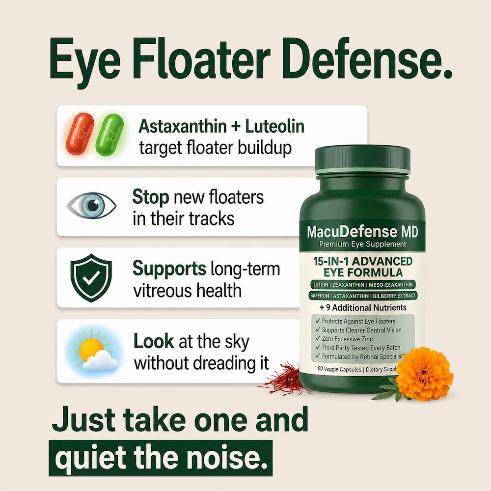 An advertisement for MacuDefense MD Eye Floater Defense supplement, showing the bottle and listing its key benefits.