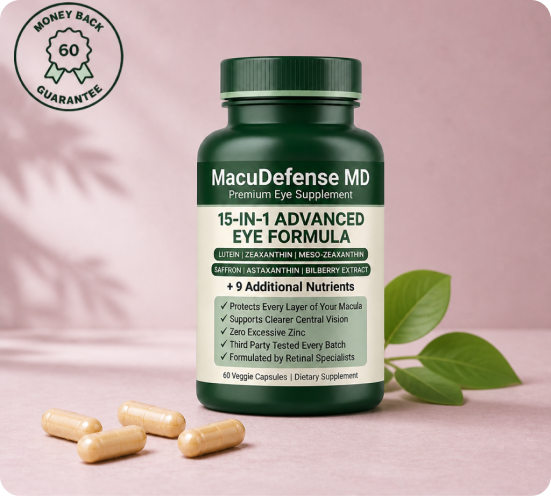 Infographic for MacuDefense MD eye formula, showing capsules surrounded by its ingredients and their health benefits.