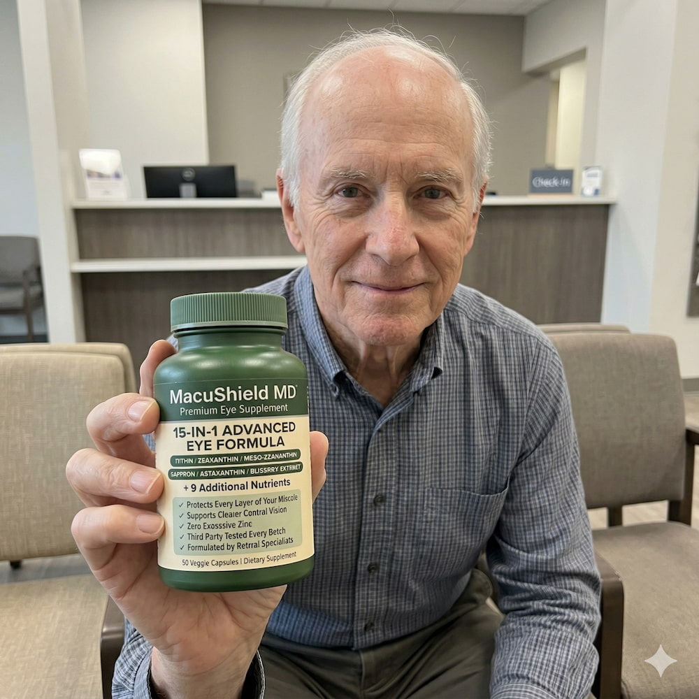 An older man sits in a waiting room, holding up a bottle of MacuShield MD eye formula.