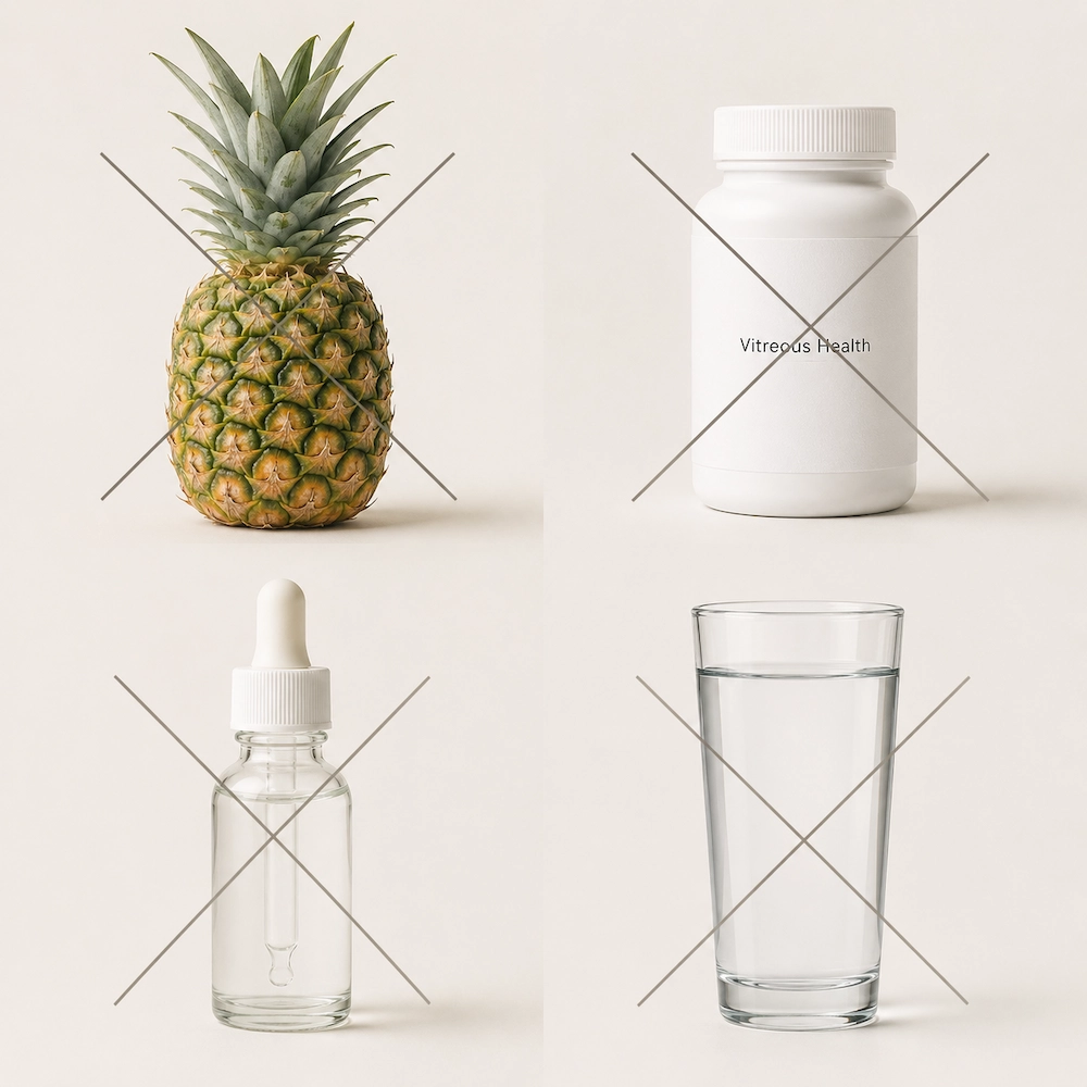 A pineapple, a bottle, a dropper, and a glass of water, each crossed out with an X.