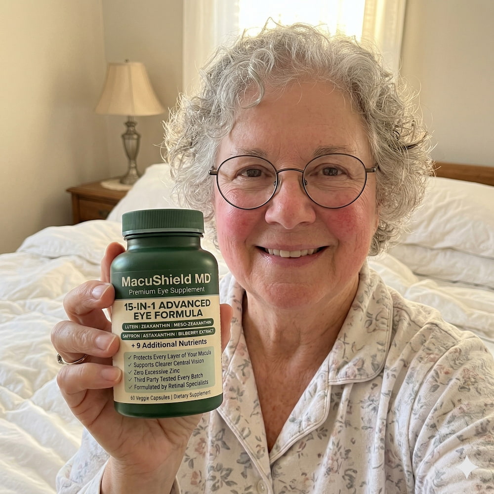 A woman in pajamas smiles while holding a bottle of MacuShield MD eye supplements in a bedroom.