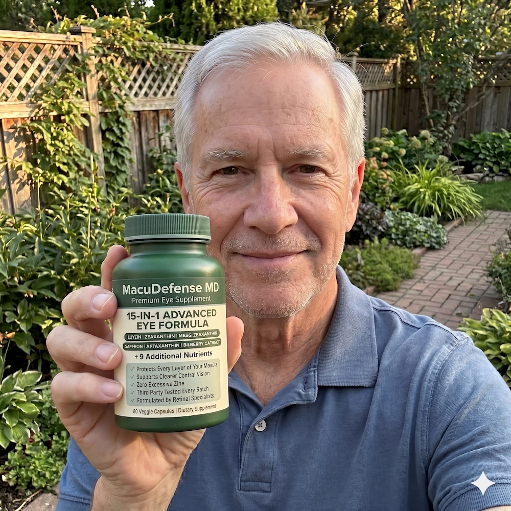 A man with gray hair holds up a bottle of MacuDefense MD eye supplements in a garden.