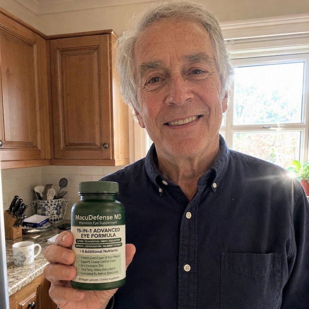 A smiling man in a kitchen holds up a green bottle of MacuDefense MD eye supplements.