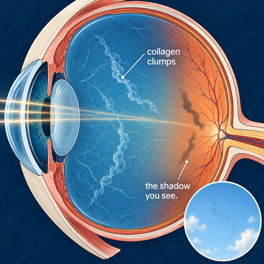 A diagram of an eye showing how collagen clumps cast shadows on the retina, causing floaters.