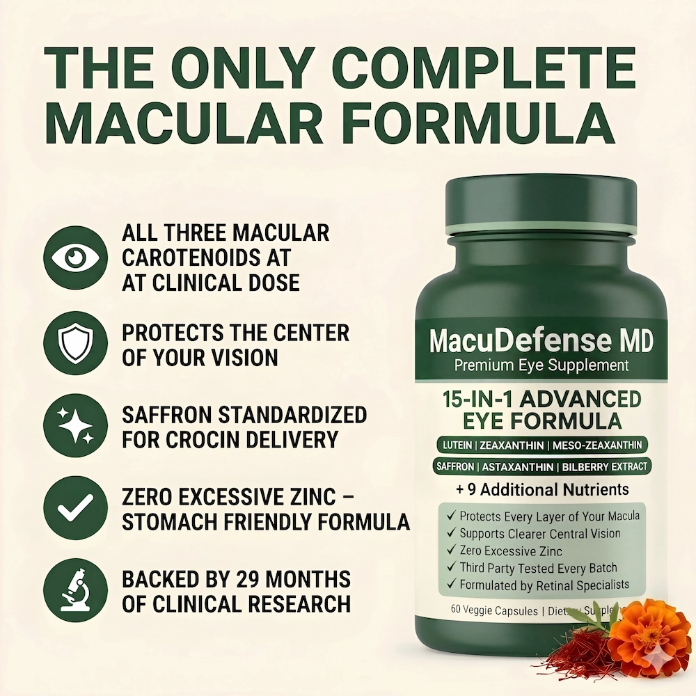 An advertisement for MacuDefense MD eye supplement, showing the bottle next to a list of its benefits.