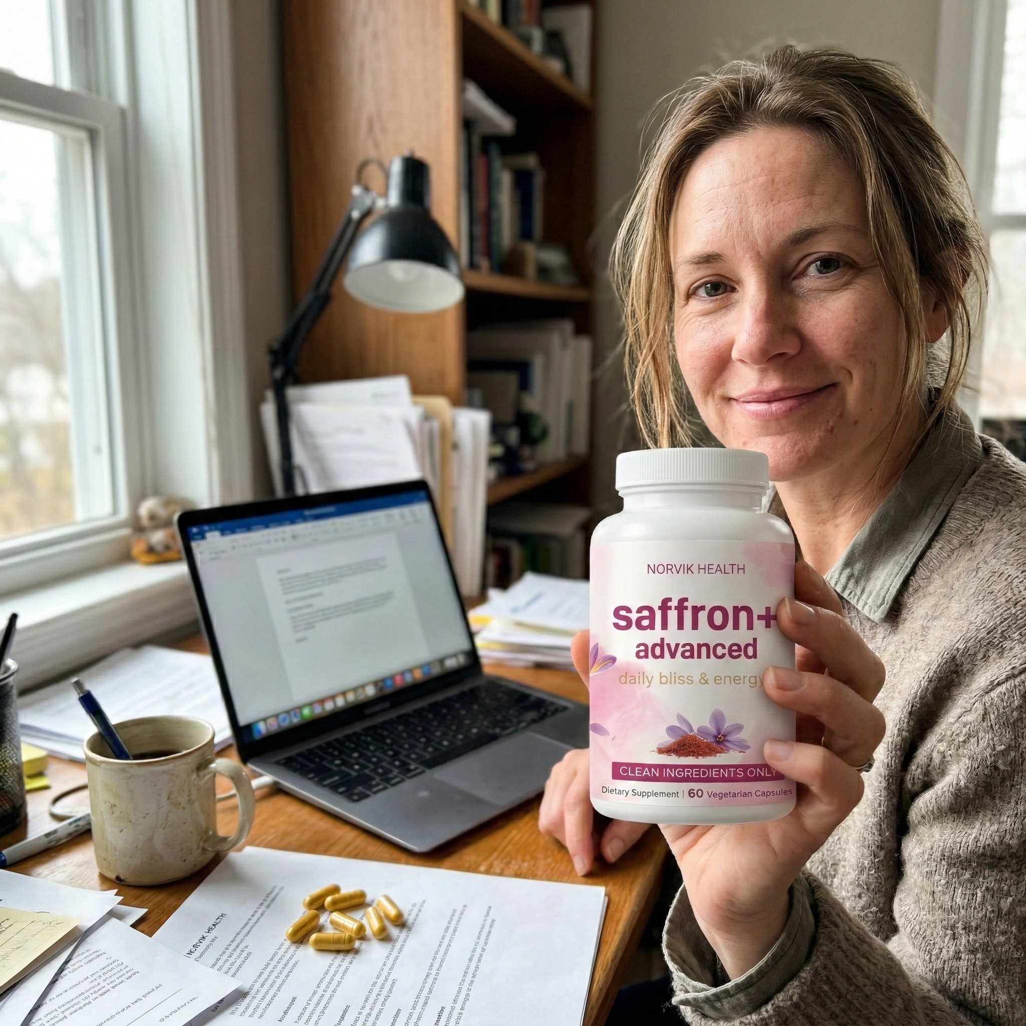 A woman sits at a desk holding a bottle of saffron supplements, with a laptop and papers nearby.