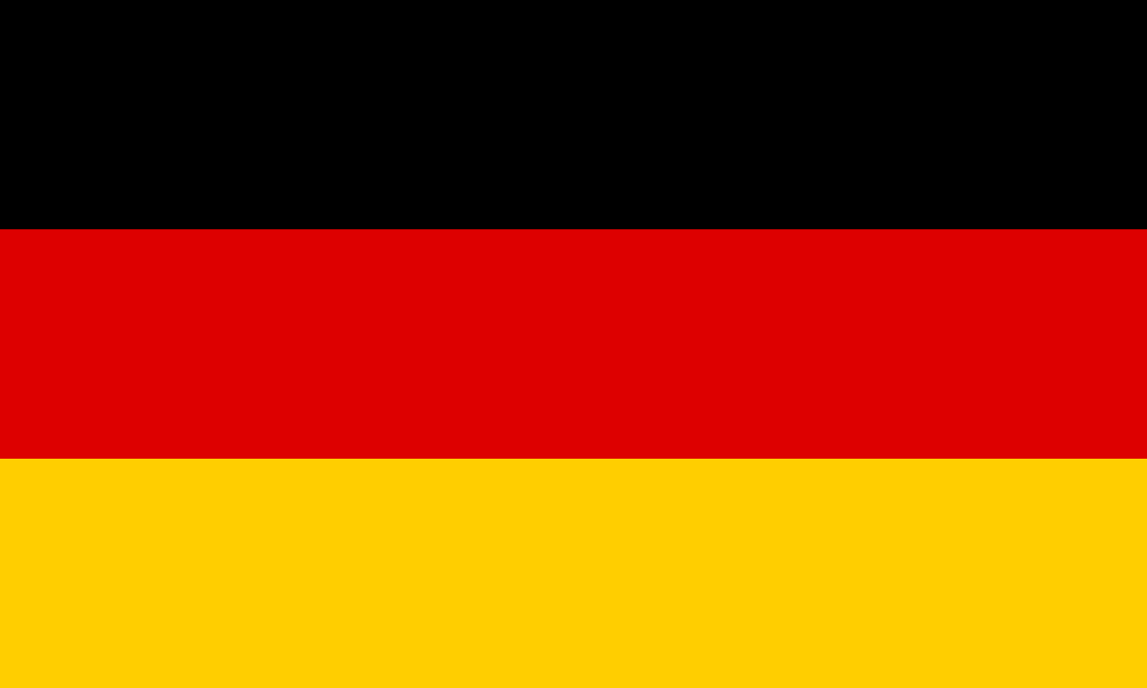 The flag of Germany, with horizontal stripes of black, red, and yellow from top to bottom.