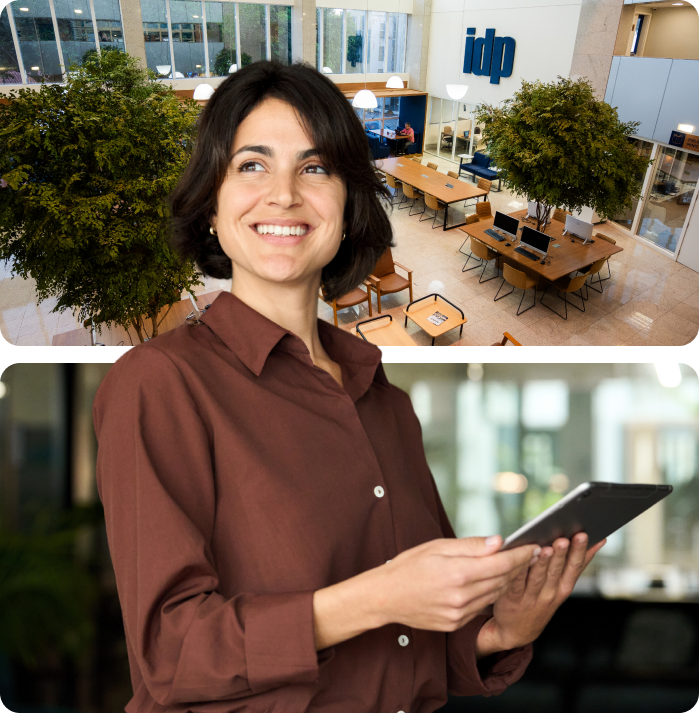 A composite image of a smiling woman holding a tablet, with an overhead view of a modern lobby.