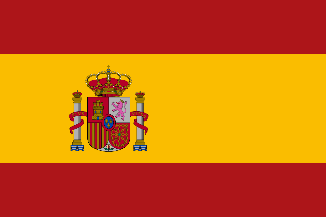 The national flag of Spain, with red and yellow horizontal stripes and the national coat of arms.