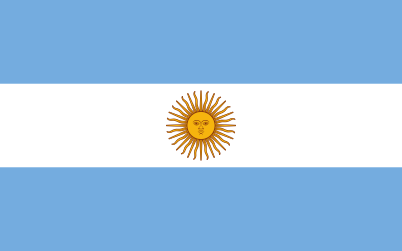 The national flag of Argentina, featuring light blue and white horizontal stripes and a central Sun of May.