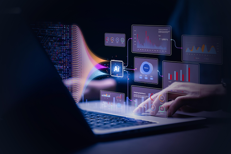 A person's hands on a laptop with a floating holographic interface showing AI-powered data analysis dashboards.