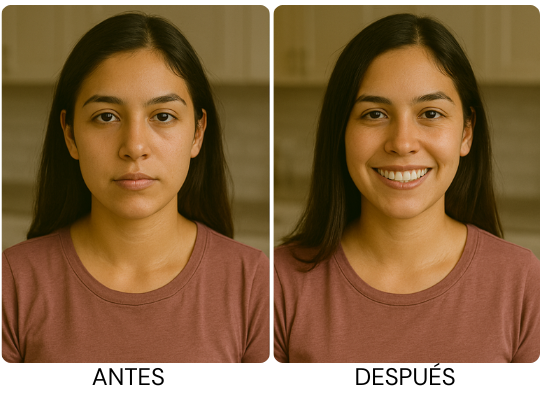 Two side-by-side portraits of a woman, one neutral and one smiling.