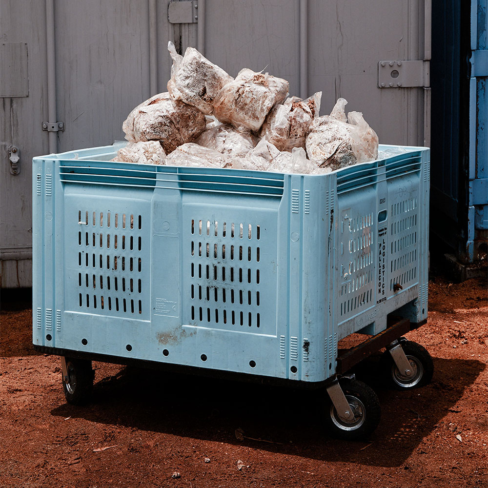 Blue plastic bin with bags of materials against a metal wall.