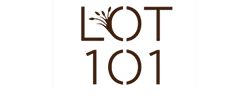 The logo for 'LOT 101' in a brown stencil font, with reeds inside the letter O.