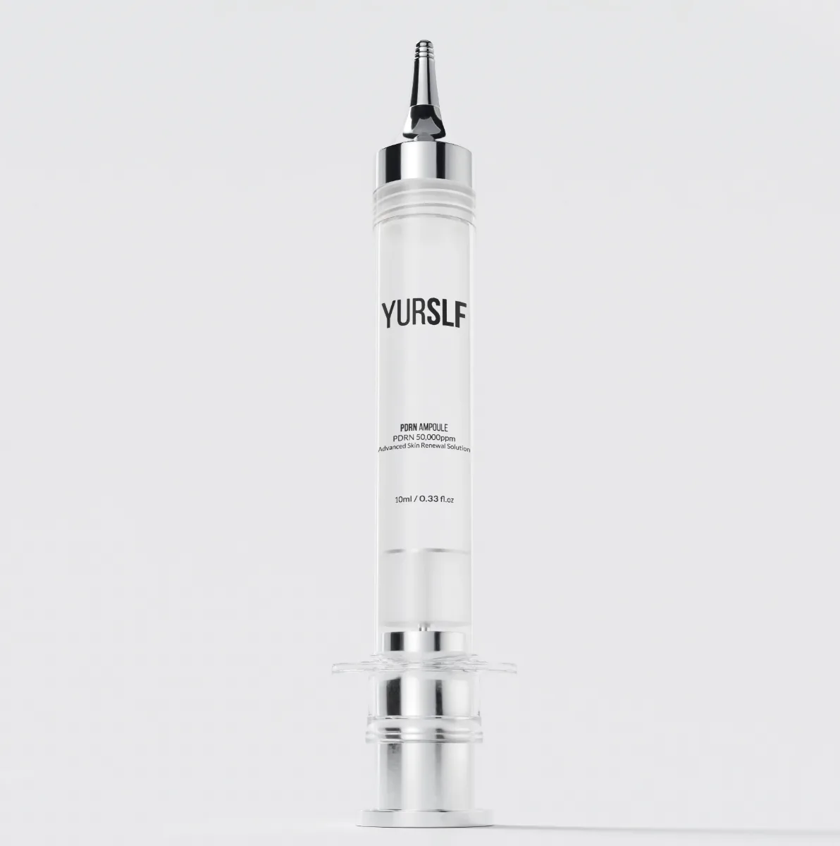 A YURSLF PDRN Ampoule skin renewal solution in a clear, syringe-style applicator on a white background.